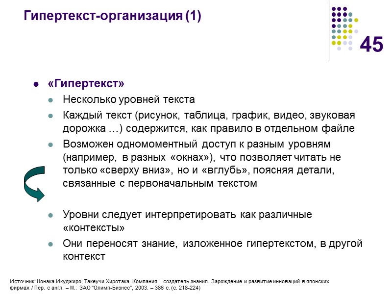 45 Гипертекст-организация (1) «Гипертекст» Несколько уровней текста Каждый текст (рисунок, таблица, график, видео, звуковая